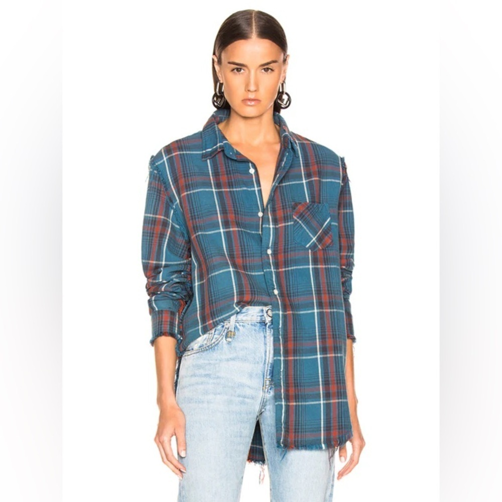 R13 Teal and Rust Plaid Button-Down Shirt